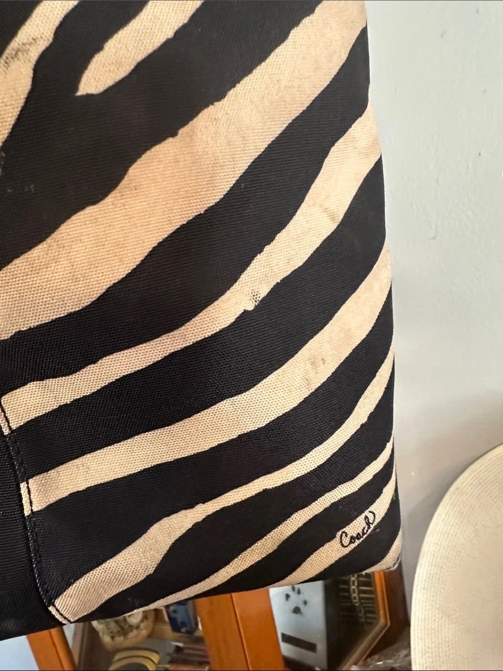 Coach Black and Cream Zebra-Print Canvas Tote with Patent Leather Trim